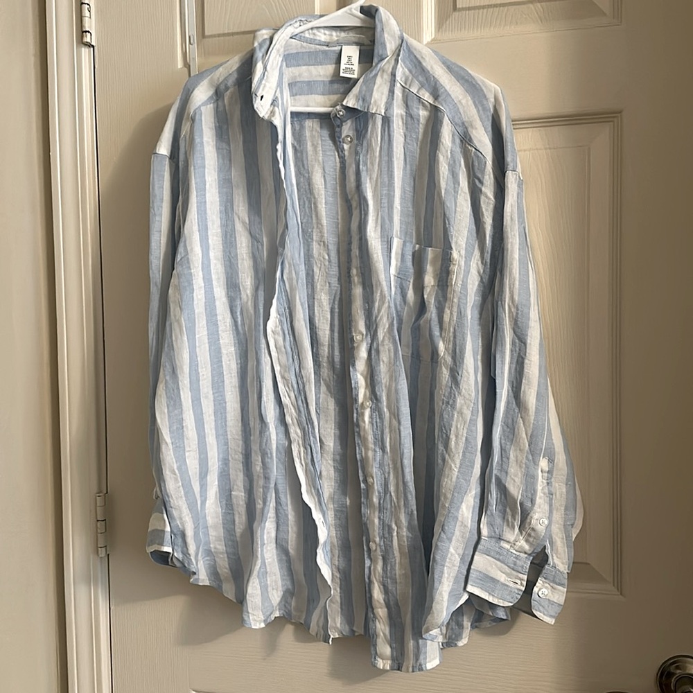 H&M Oversized Linen Blue/White Striped Shirt